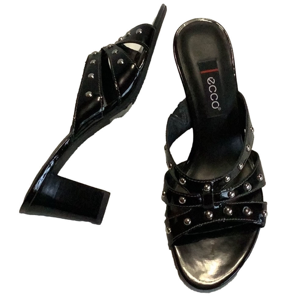 ECCO Black Patent‎ Leather Silver Stud Mules Edgy Grunge Y2K Size 37 - Picture 3 of 16